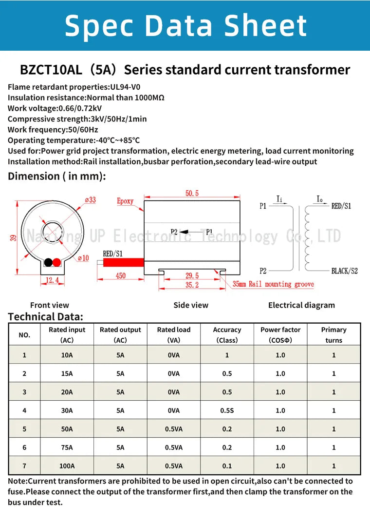Din rail Current Transformer 0.2 class BZCT10AL-10/5 15/5 20/5 30/5 50/5 high precision AC CT 5A ring type current sensor
