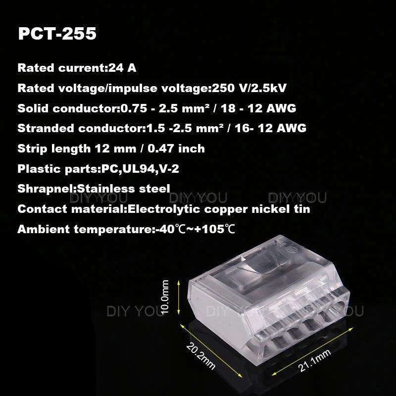 25/50/100Pcs 252/253/254/255 Fast Push-in Conductor Wiring Connector Terminal Block Compact Wire Connector 2/3/4/5Pin AWG18-12