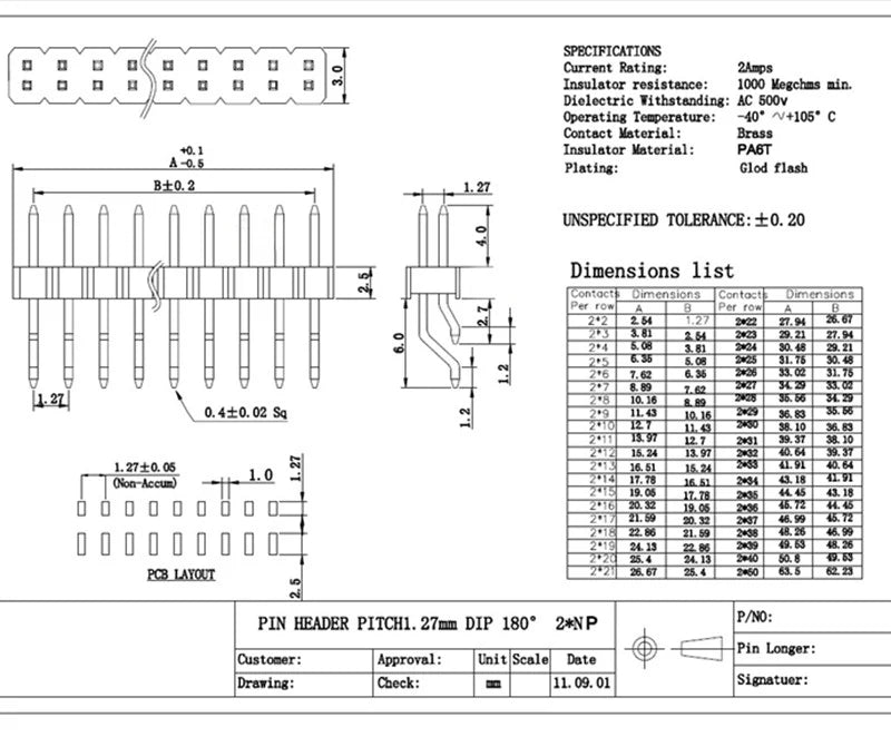 5pcs 1.27/2.0/2.54mm Right Angle SMT Single/Double Row SMD Surface Mount Gold-plate Rohs Breakable PCB Connector Male Pin Header