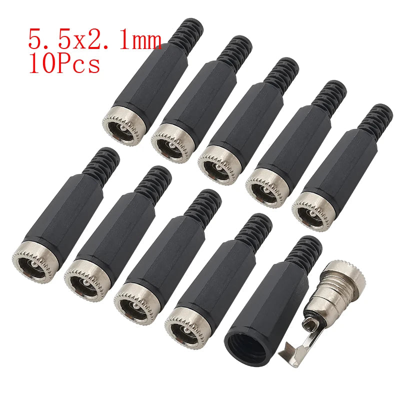 10Pcs DC Power Jack Connectors 5.5 x 2.1mm DC Plug Male Female Socket Soldering Type Nut Panel Mount DC Power Adapter Connector