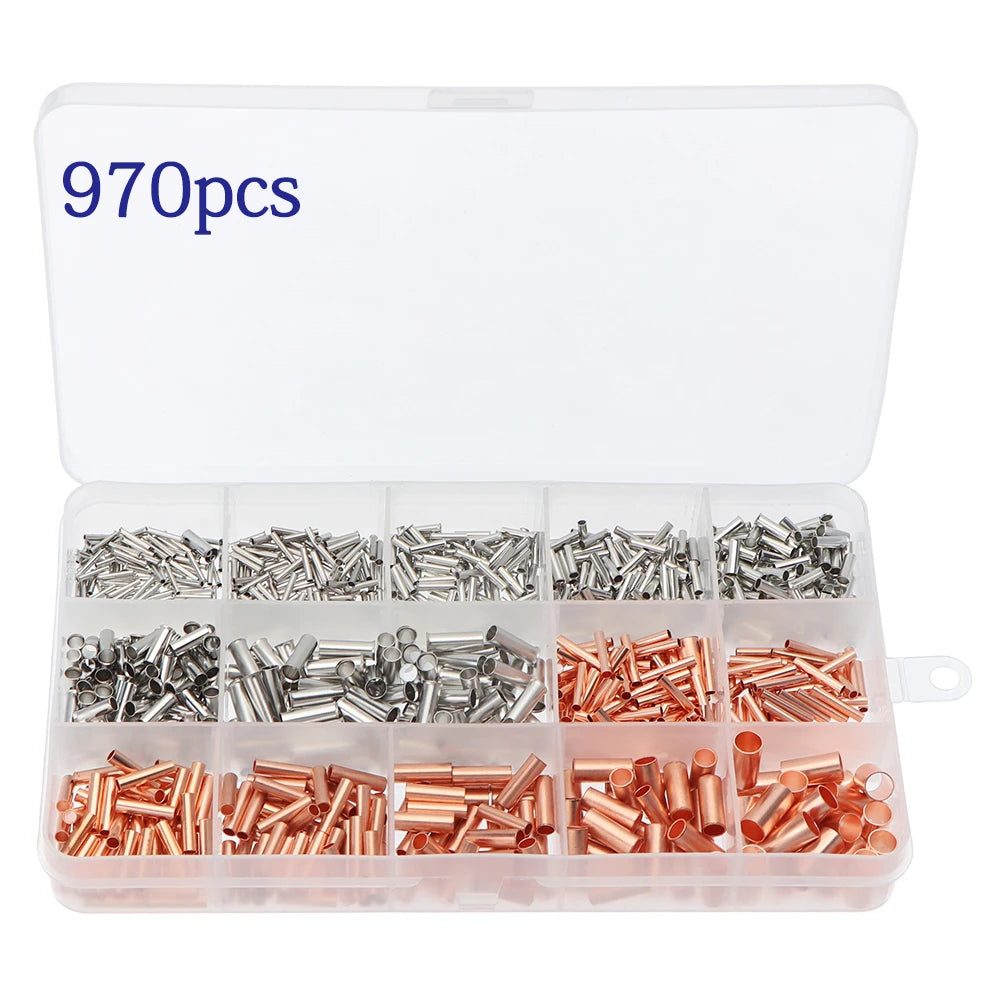 970pcs Copper Connecting Pipe Wire Joint Small Copper Tube Terminal Cable Lug Bootlace Ferrule Kit With Heat Shrink Tube Plier