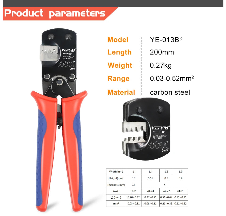 JST Terminals YE-013BR Crimping Tool XH2.54/PH2.0/ZH1.5/SH1.0/ DuPont 2.0/2510 Molex Mini Ratchet Pliers 0.03-0.5mm²/32-20AWG