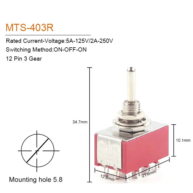 5PCS 6mm Miniature Toggle Switch MTS 102/103/202/203/302/304/402/403 ON-OFF-ON 5A125V 2A250V 3/6/9/12 Pin Mounting Equipment