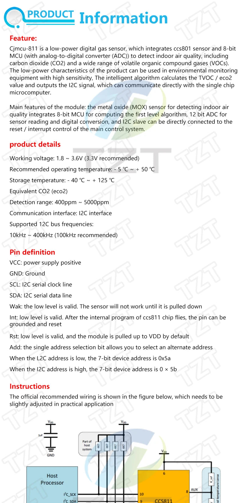 Gas Sensor Carbon Dioxide Detection Sensor Module CCS811 CO2 eCO2 TVOC Air Quality Detecting I2C Output CJMCU-811 For Arduino
