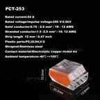 25/50/100Pcs 252/253/254/255 Fast Push-in Conductor Wiring Connector Terminal Block Compact Wire Connector 2/3/4/5Pin AWG18-12