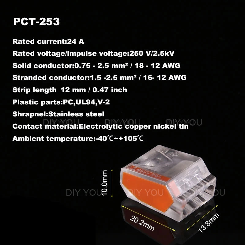25/50/100Pcs 252/253/254/255 Fast Push-in Conductor Wiring Connector Terminal Block Compact Wire Connector 2/3/4/5Pin AWG18-12