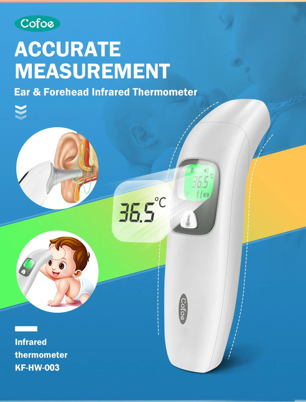 Cofoe Digital Infrared Thermometer Forehead Ear Non-Contact medical Termometro LCD Body Fever Baby/Adult Temperature measure