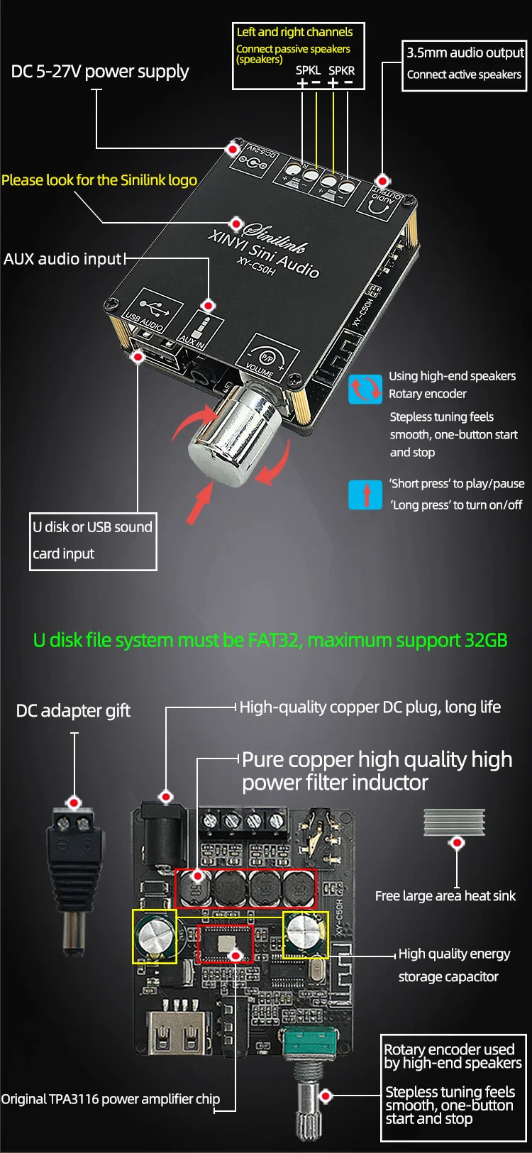 Bluetooth 5.0 Mini Cool Audio Digital Power Amplifier Board 20W*2 50W*2 100W*2 Stereo Wireless AMP Amplificador Module AUX Input