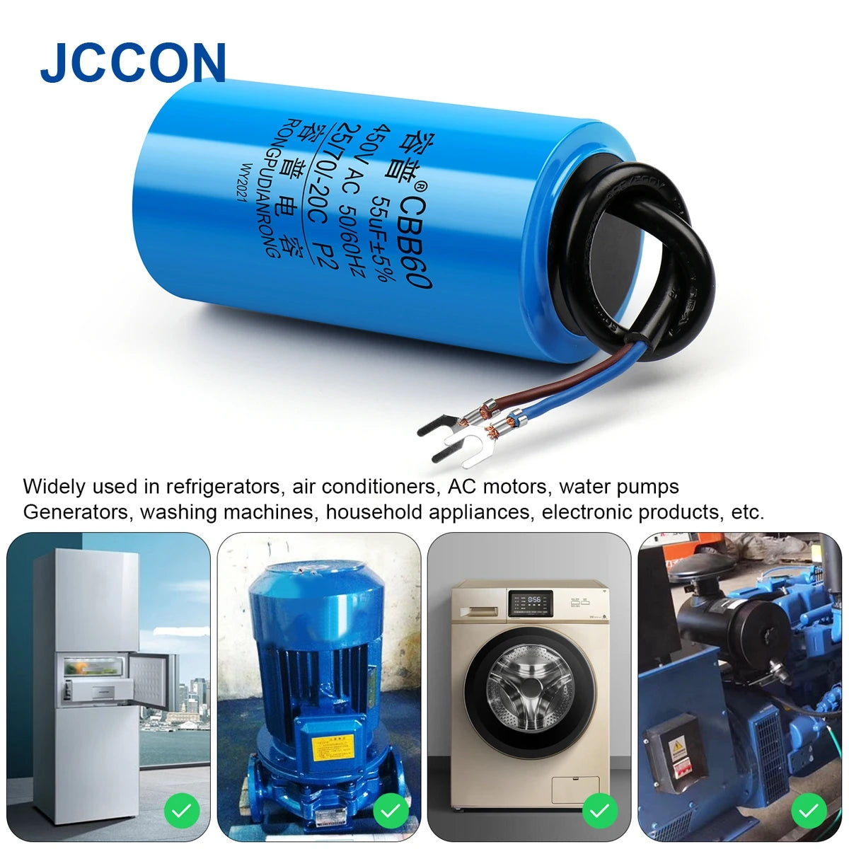 1Pcs CBB60 Motor Run Capacitor 450V AC Starting Capacitors 345681012141516182025303540457080100UF For Washing Machine