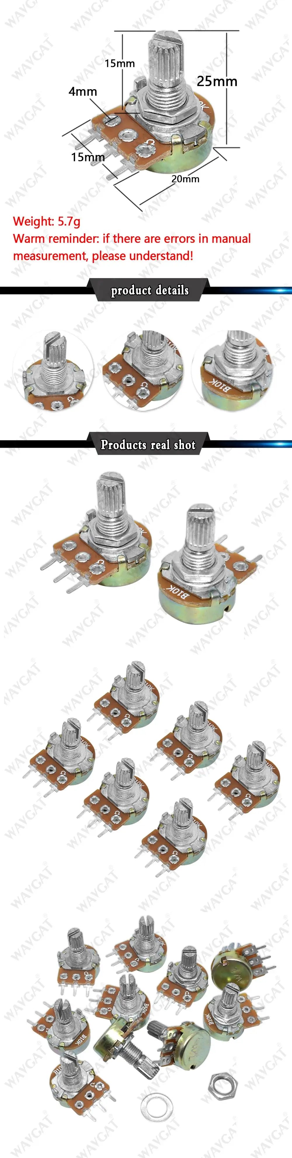 10PCS WH148 Linear Potentiometer B1K B2K B5K B10K B20K B50K B100K B250K B500K B1M 15mm Shaft With Nuts Washers 3pin WH148