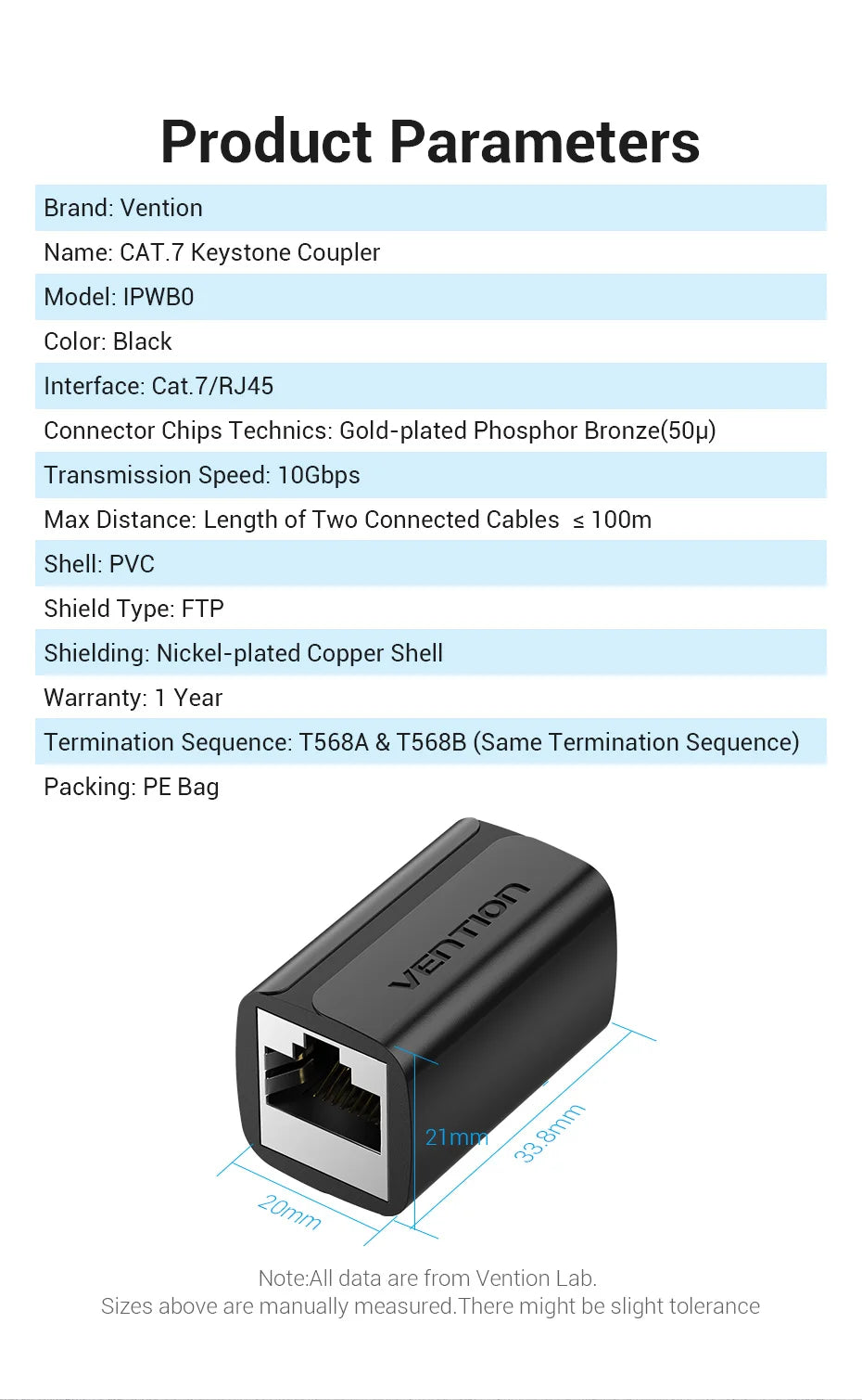 Vention RJ45 Connector Cat7/6/5e Ethernet Adapter Female to Female 8P8C Patch Network Extender Extension Wire for Ethernet Cable