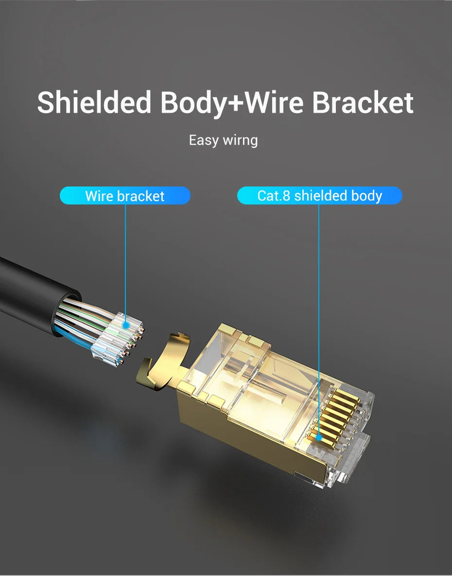 Vention RJ45 Connector Cat8 8P8C Modular Ethernet Cable Cat 8 FTP Head Plug Gold Plated 40Gbps Crimp Network Connerctor Cat8