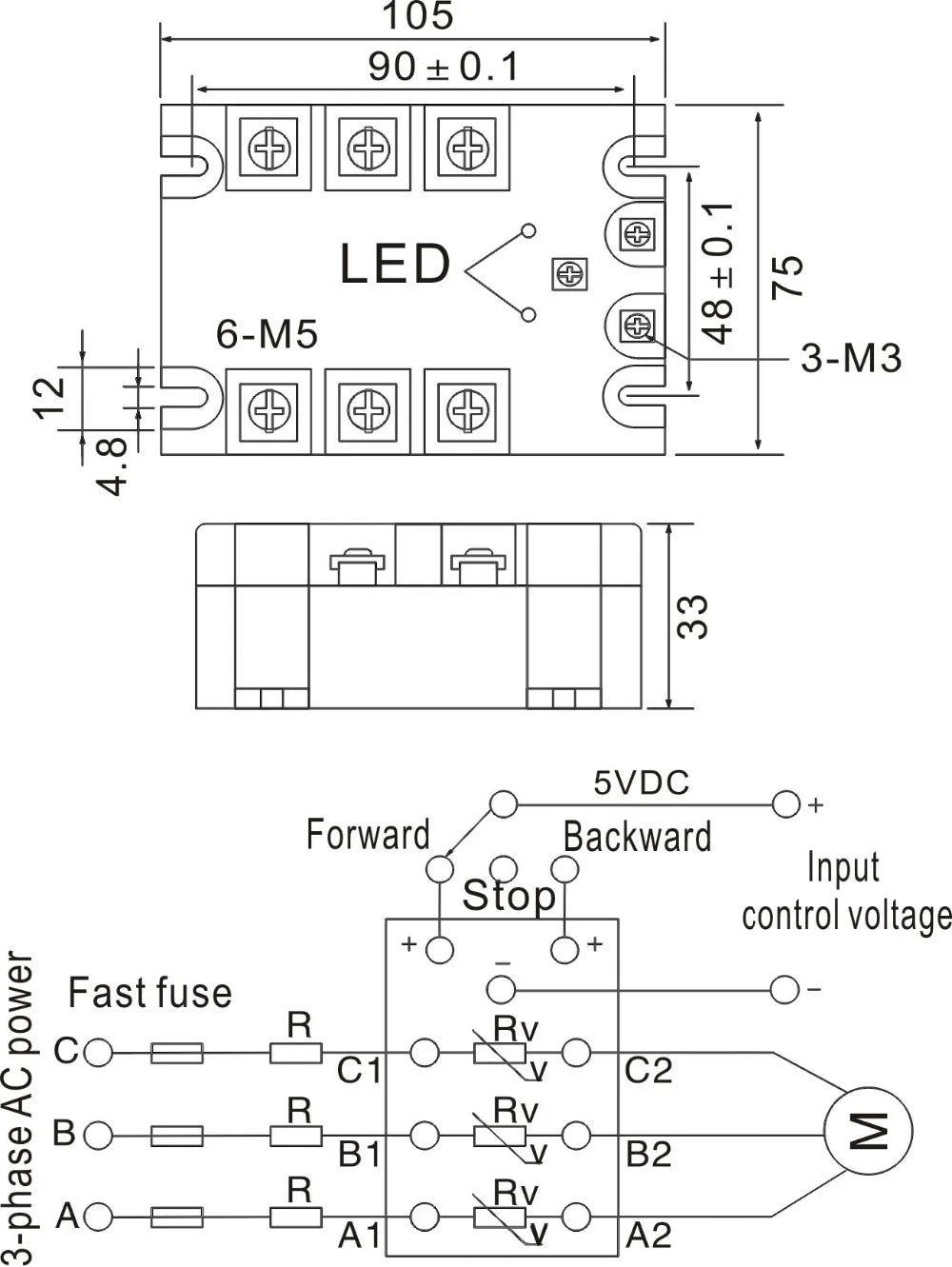 Three-Phase Motor Reversing Control Module SSR 10A-100A 32VDC Control 24-480VAC CE DC Forward & Reverse Solid State Relay