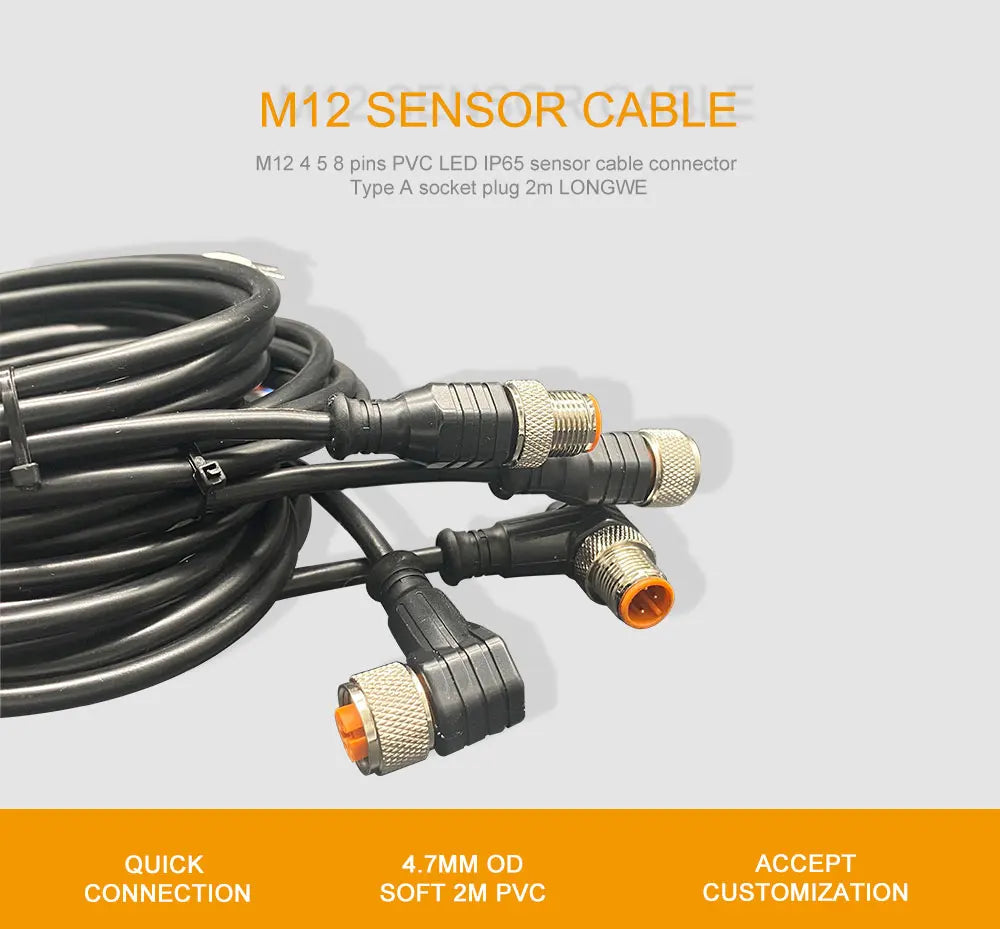 Cloweit M12 3 4 5 8 Pins PVC LED IP67 Sensor Cable Connector Type A Socket Plug 2m Waterproof  Male&Female Straight Angle