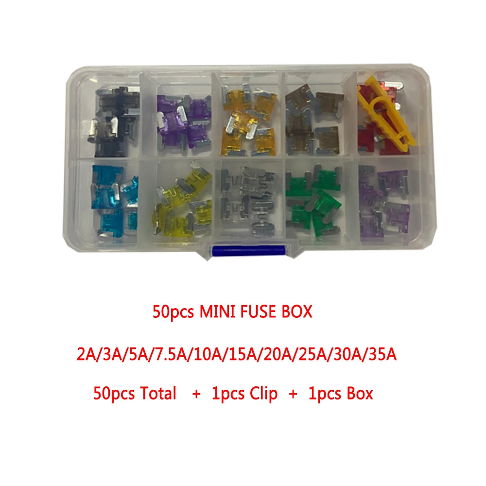 50PCS/Box Mini Car Fuses with Box Clip Assortment 2A 3A 5A 7.5A 10A 15A 20A 25A 30A 35A Auto Micro Blade Type Fuse Set Truck