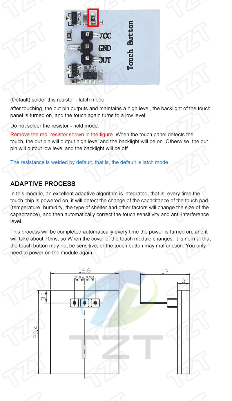 TZT TTP223 12V 1-Channel Touch Relay Module Capacitive Touch Key Switch Sensor Self-Locking/No-Locking HTTM Touch Button