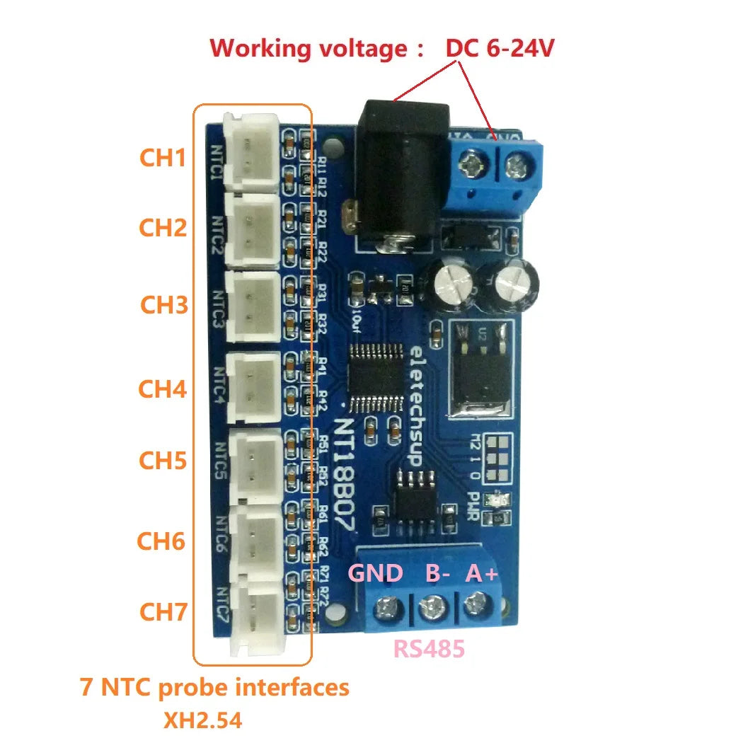 7 Lines/1 PCS 7-CH 12V RS485 NTC Thermistor Temperature Sensor Modbus RTU Remote Acquisition Monitoring Board B3950 10k 1%