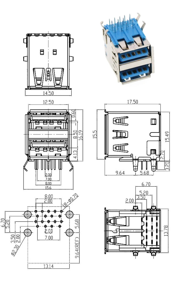 5Pcs USB Connectors 3.0 A Type Female AF Type 90 Degree Side Insertion 180 Degree High Speed Interface MICRO Connector
