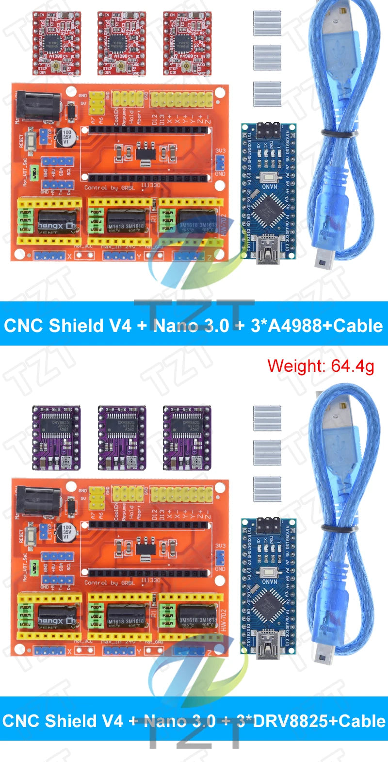 TZT 1SET 3DV4 CNC Shield V4 + Nano 3.0 + 3pcs DRV8825 or A4988  Reprap Stepper Drivers Set For  Arduino