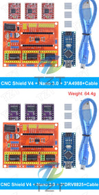 TZT 1SET 3DV4 CNC Shield V4 + Nano 3.0 + 3pcs DRV8825 or A4988  Reprap Stepper Drivers Set For  Arduino