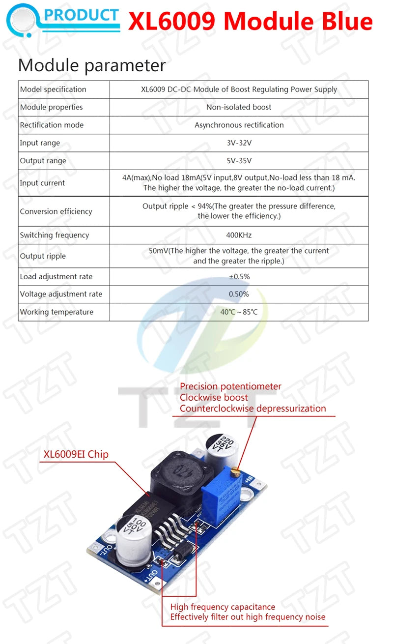 TZT 1/3PCS Boost Buck DC-DC Adjustable Step Up Converter XL6009 Power Supply Module 20W 5-32V to 1.2-35V
