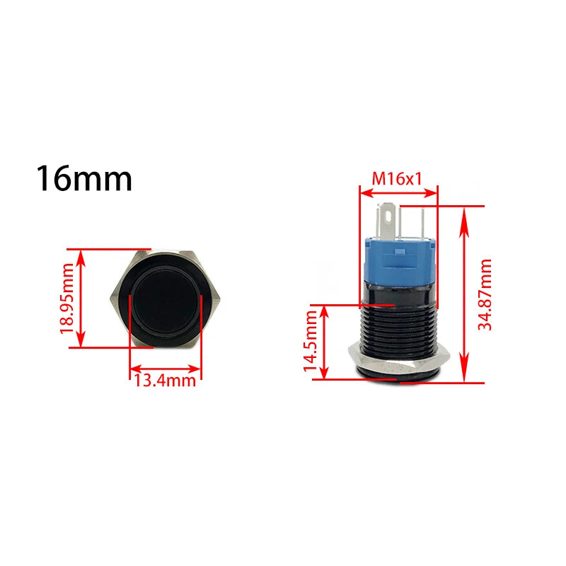 Black Metal Push Button Switch Start Stop 12/24/220V 16/19/22mm Connected LED Backlit Rocket Power Controller Momentary/Latching