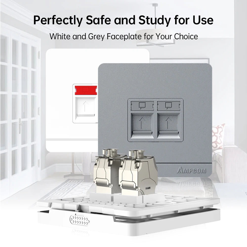 AMPCOM Wall Faceplate with CAT8 40Gbps STP Keystone Jack, RJ45 Self-Locking Zinc Alloy Module With 86mm Wall Plate