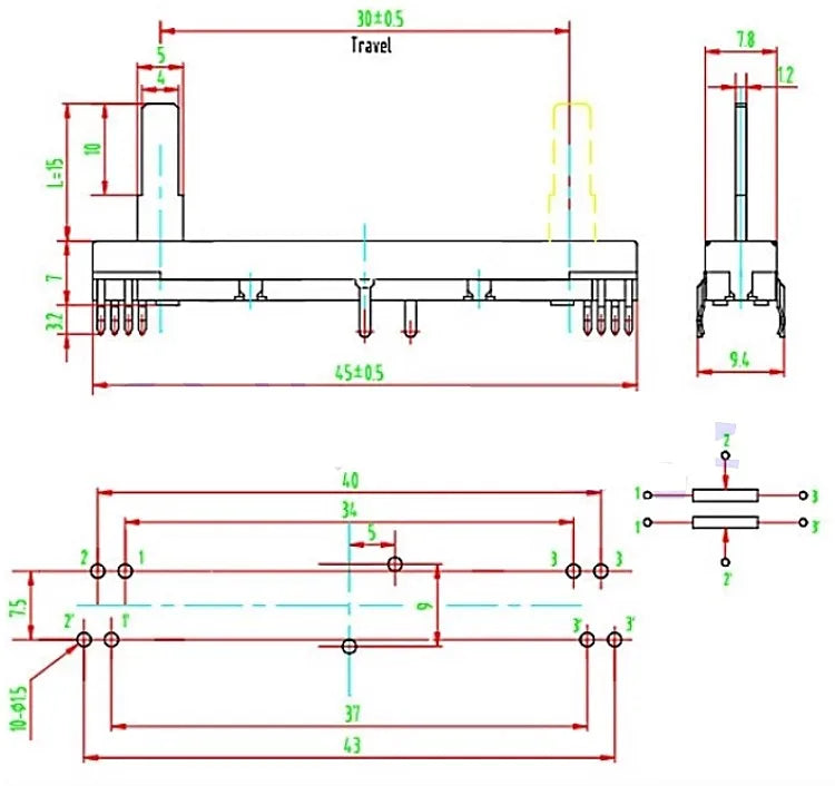 1pc 45mm Sliding Potentiometer 4.5cm Stereo Channel B10K Axis Length 15mm Sliding Stroke 30mm