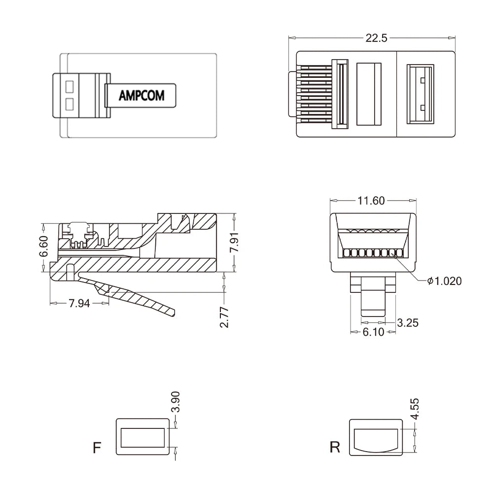 AMPCOM RJ45 Modular Plug, CAT5E CAT6 Pass Through Network Connectors UTP 3/50μ Gold-Plated 8P8C Crimp End for Ethernet Cable