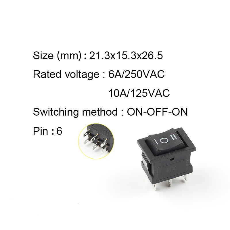 5PCS 6PIN 21X15mm Rocker Switch KCD2 DPDT Black White Push Button Boat Power Rocker Switch 6A/250V 10A/125V Electrical Equipment