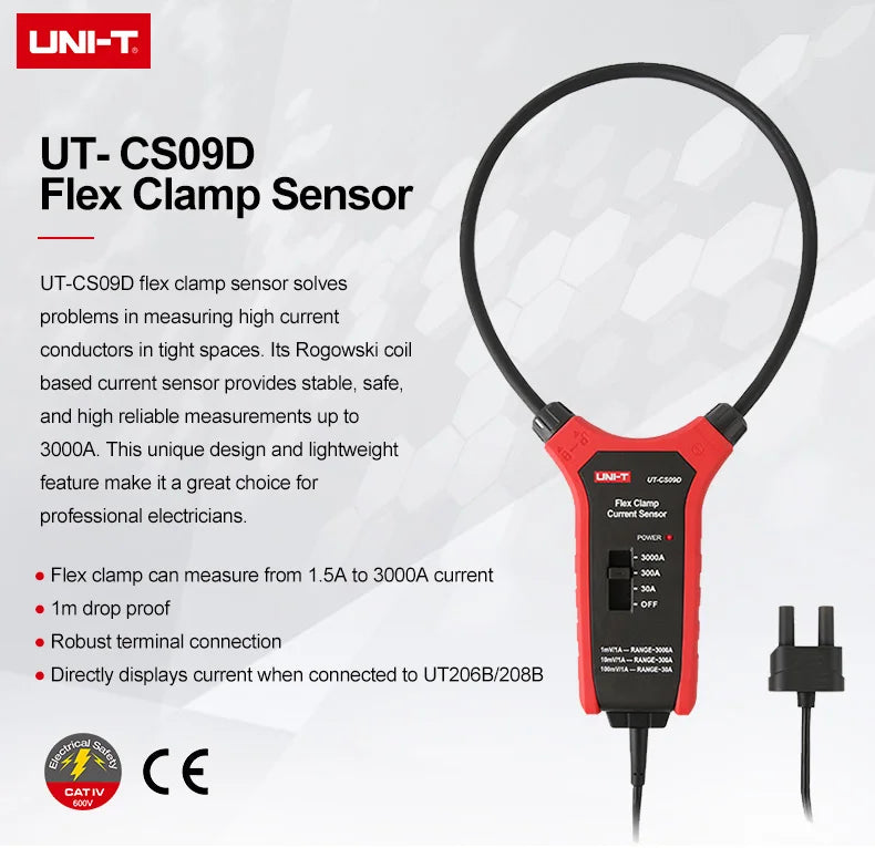 UNI-T UT-CS09D 3000A AC Flexible Current Sensor True RMS Rogowski Coil Clamp Probe BNC Connector Multimeter Electrician Tool