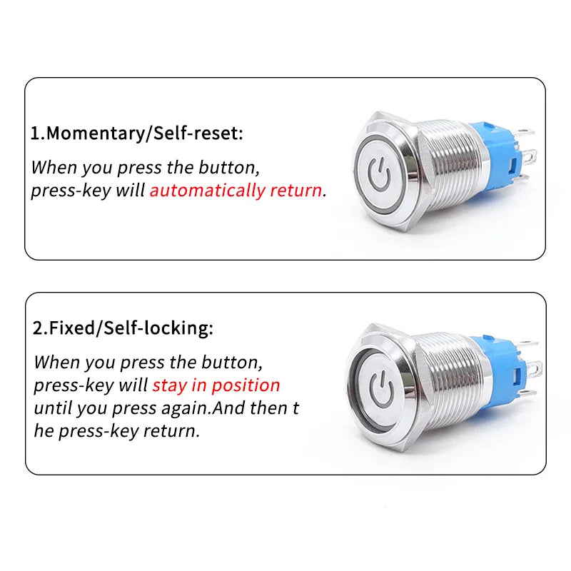 12 16 19 22mm Metal Push Button Switch Press Button Flat High Head 1NO 1NC Momentary Self Reset Locking Latching Black Switch