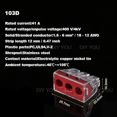 25/50/100PC DIY YOU 102/103D/104D/104/106/108 Universal Compact Wire Wiring Connector Conductor Terminal Block With Lever