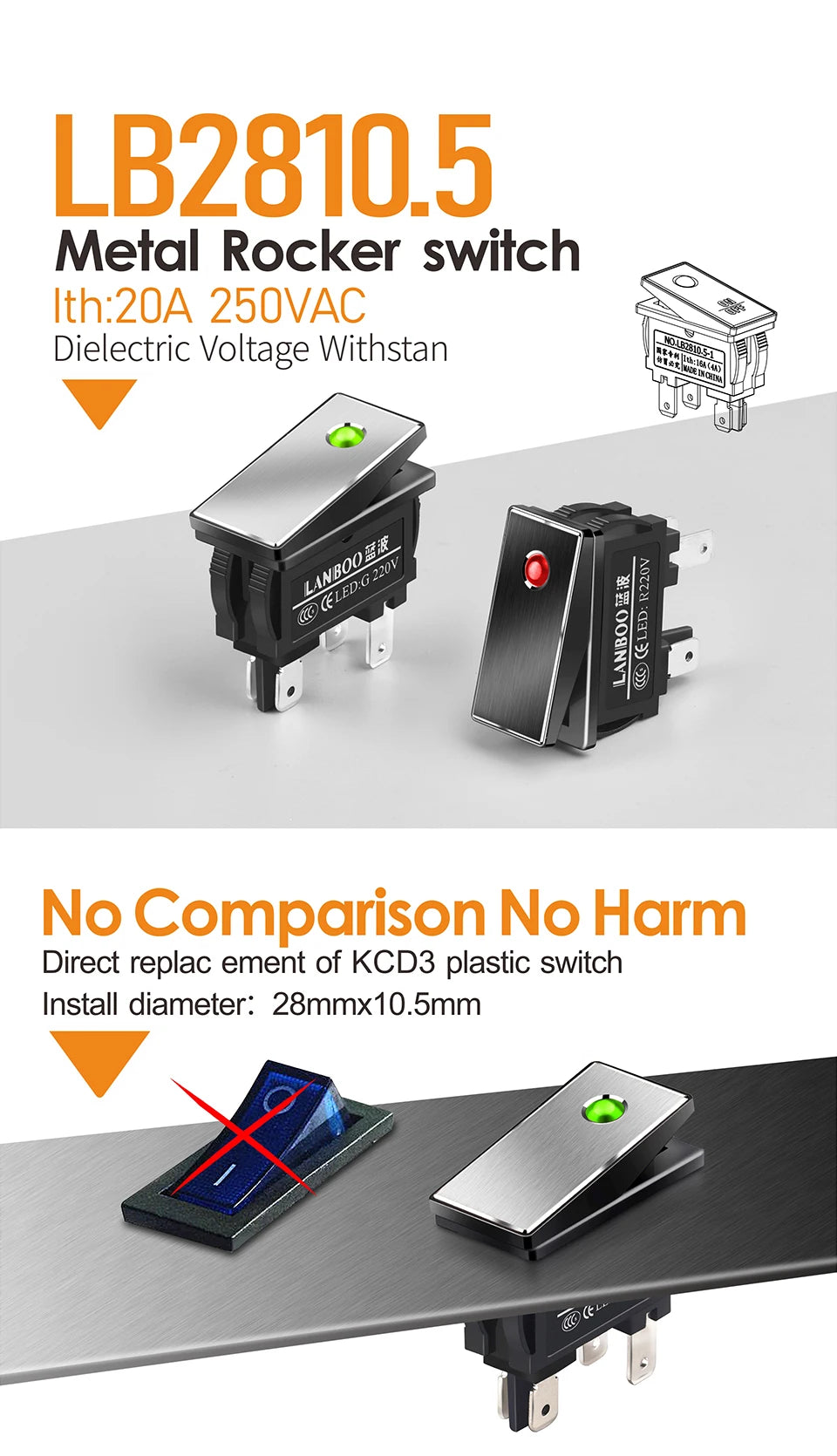 LANBOO High-End Quality Latching  Rocker Switch 20A 16Amp Current Push Button 2no2nc with LED 3-8V/9-24V/220V