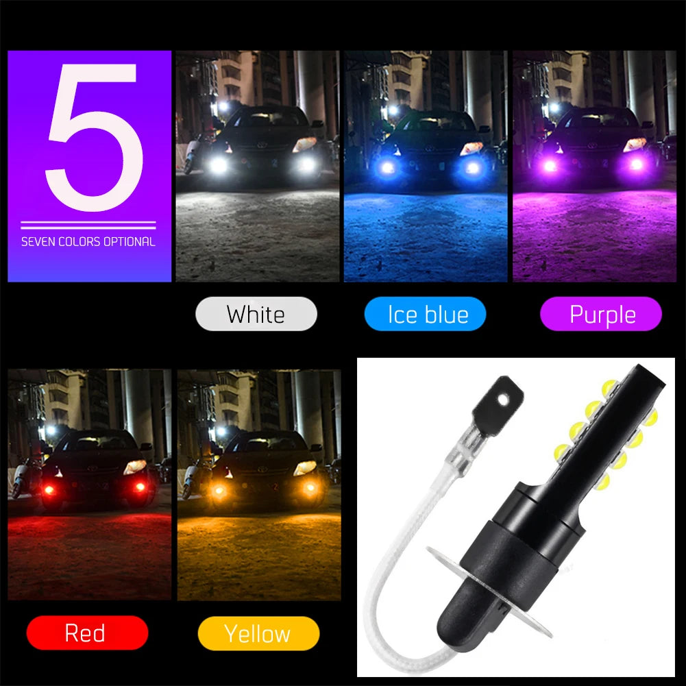 2pcs H3 LED Fog Light Bulb DC 12V 3030 SMD Car Fog Light Super Bright DRL Driving Lamp Built-in 5 Color Optional Headlight Bulb