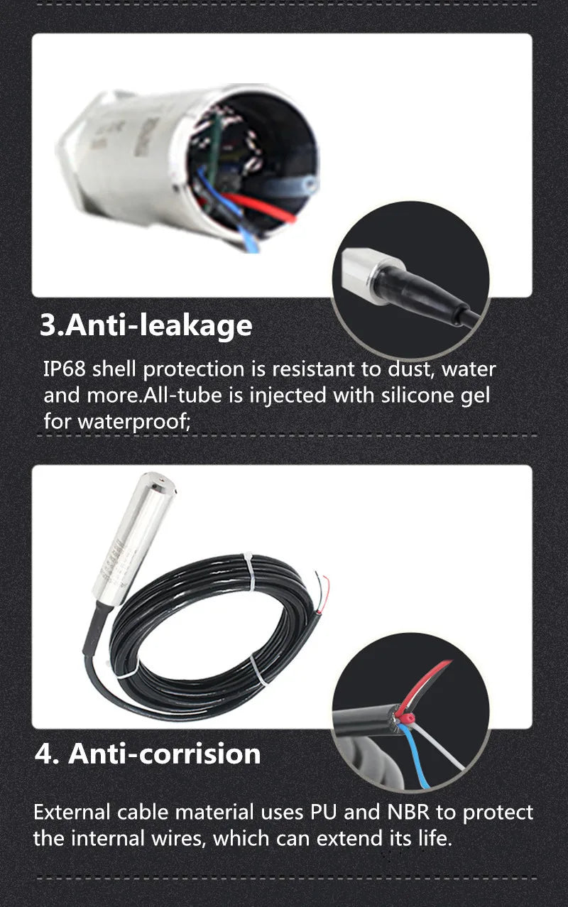 IP68 Water Level Sensor Transmitter 4-20mA, 0-10V RS485 Output 5M 6m, 8m, 9m, 10m Range Liquid Pressure Transducer