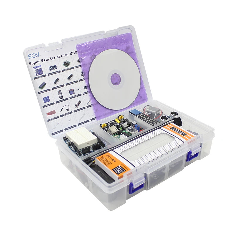 EQV Super Starter Kit for Arduino UNO R3 - Uno R3 Breadboard / Step Motor / SG90 Servo / 1602 LCD / jumper Wire / CD Tutorial