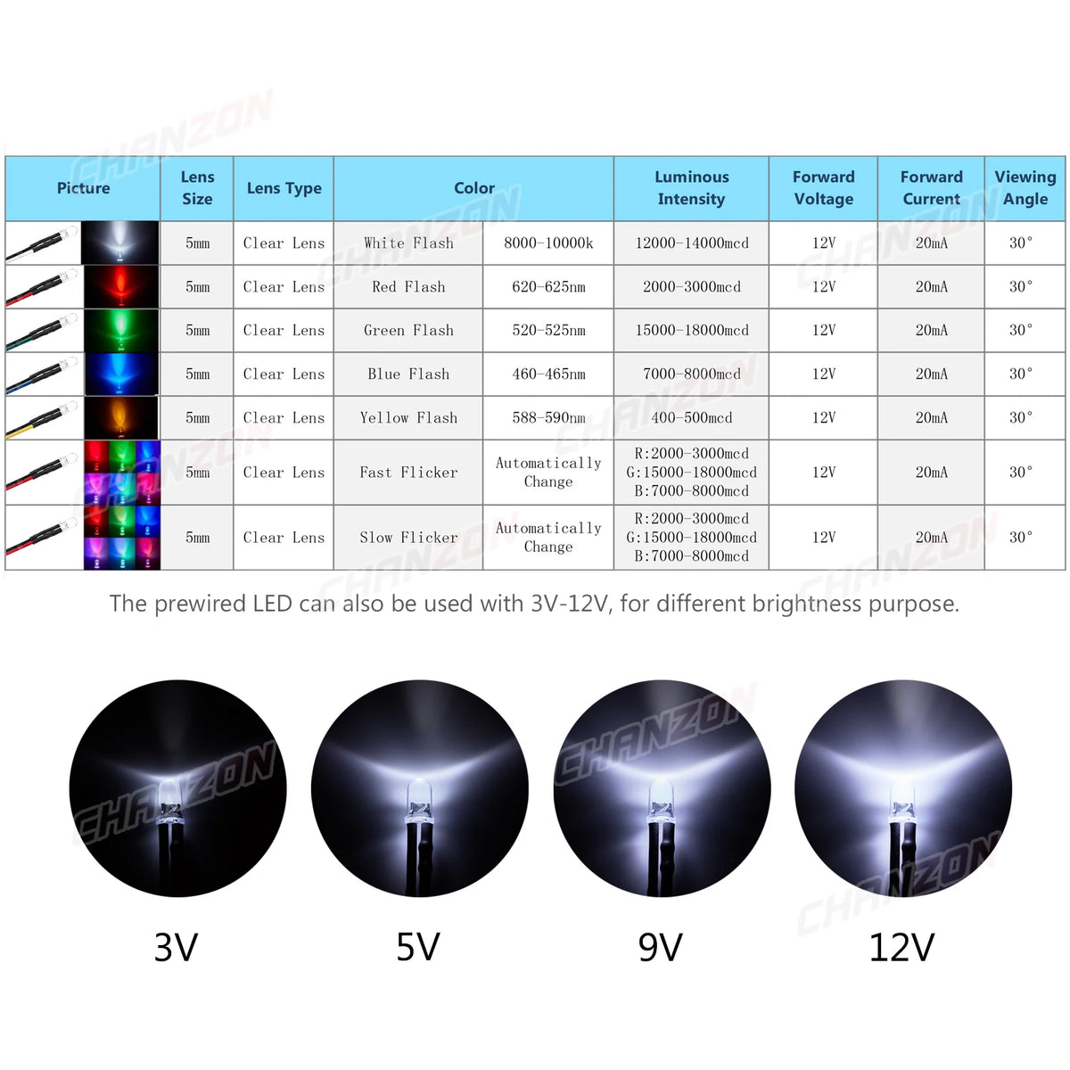 20pcs 5mm 12V LED Diode Flashing Prewired Light Beads Blinking White Red Green Blue Yellow RGB Fast Slow Flash DIY Pre Wire Lamp