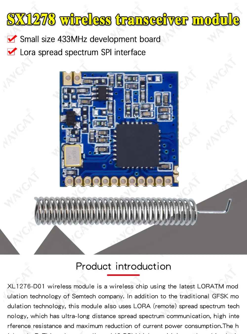 WAVGAT RF LoRa module SX1278 chip PM1280 Long-Distance communication Receiver and Transmitter SPI LORA IOT+1pcs 433MHz antenna