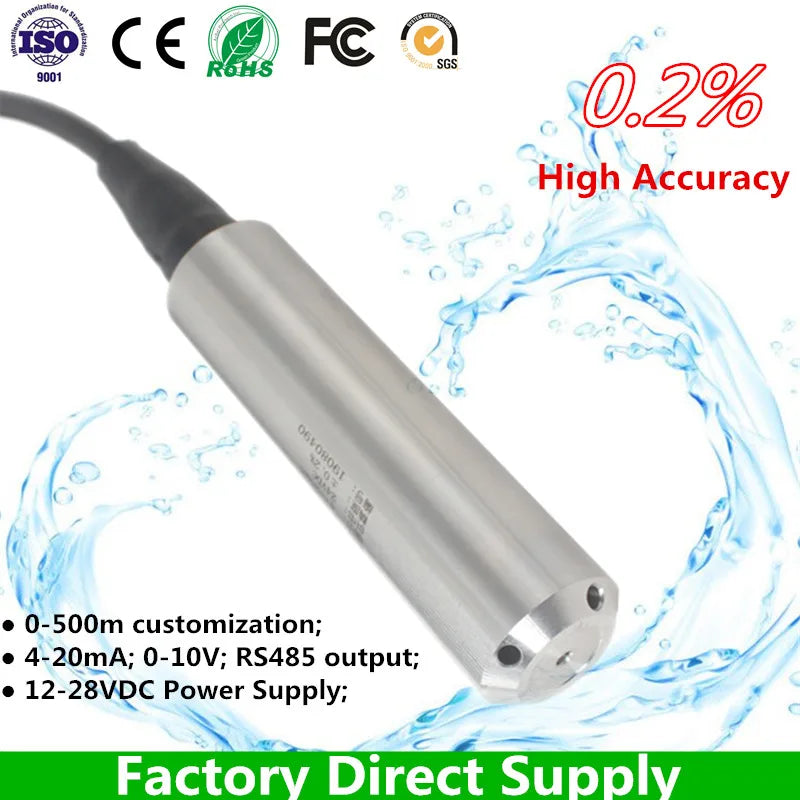 IP68 Water Level Sensor Transmitter 4-20mA, 0-10V RS485 Output 5M 6m, 8m, 9m, 10m Range Liquid Pressure Transducer