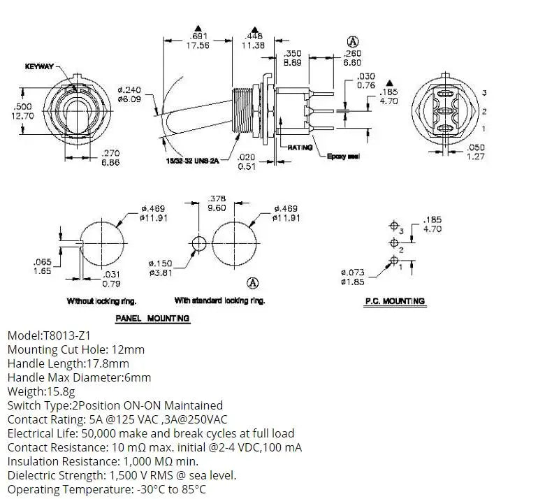 1pc SH T8013-Z1 12mm ON-OFF-ON SPDT DPDT 3/6/12PinS 2/3Position Maintained Toggle Switch Large Long Handle 3A 250VAC/5A 125VAC