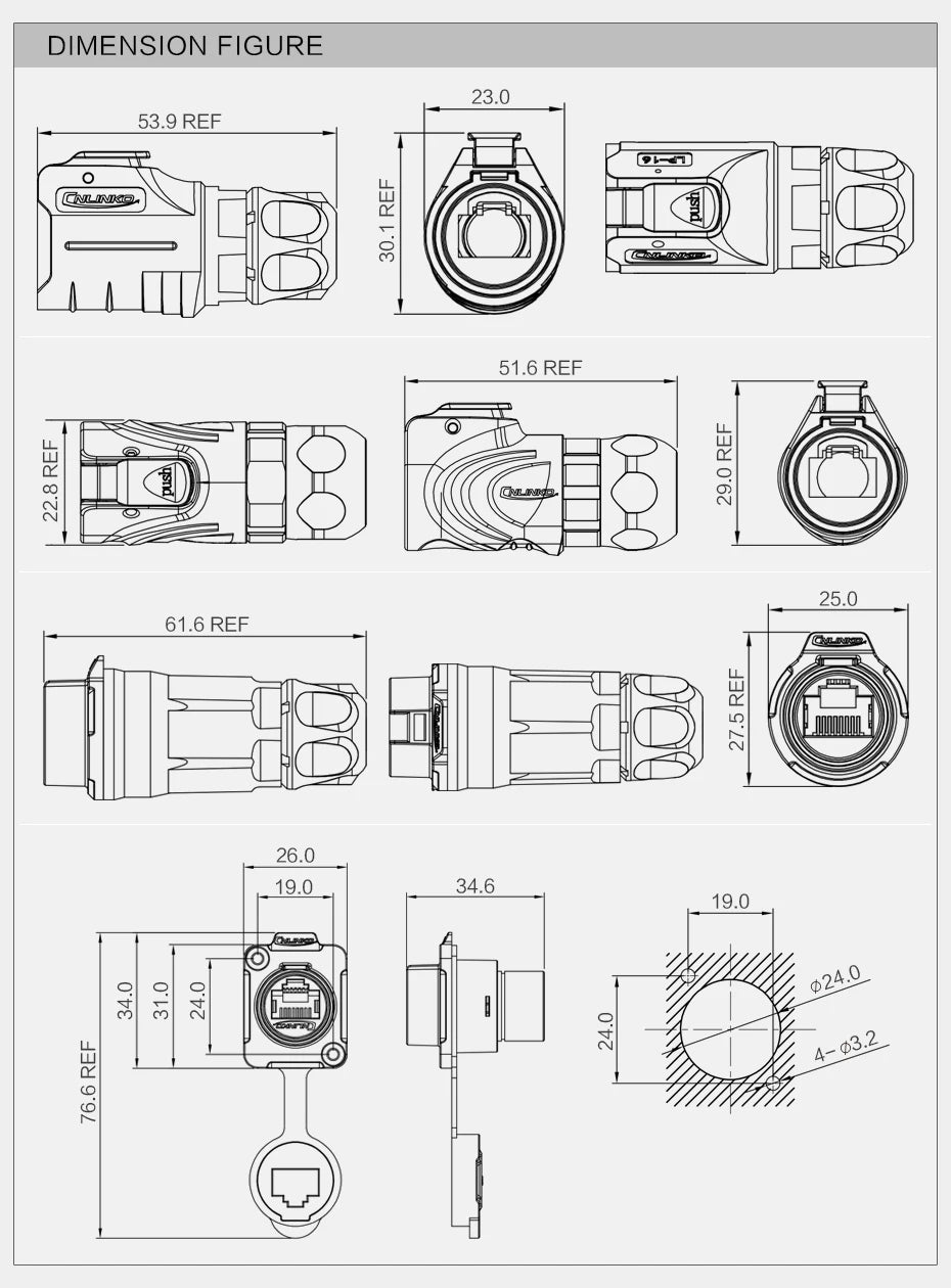 CNLINKO LP16 Waterproof Circular RJ45 Connector 8P8C Male/Female Panel Mount, PBT Push-Pull for Industrial Automation & Marine