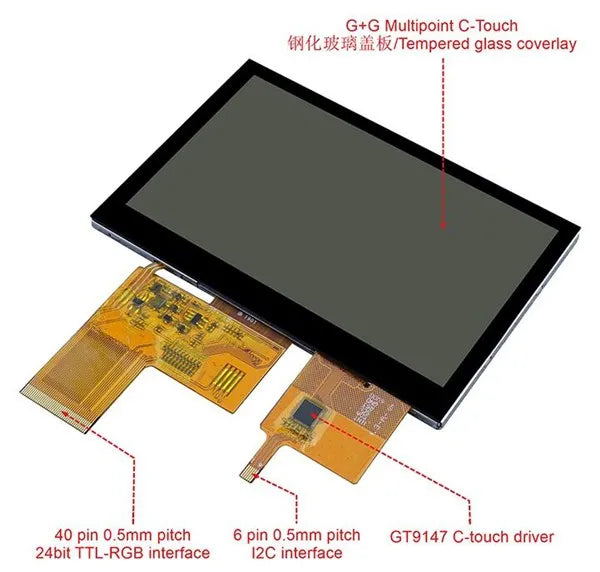 IPS 4.3 inch 40PIN HD TFT LCD Capacitive Screen (Touch/No Touch) 24Bit TTL-RGB Interface GT1151Q 6P I2C Interface 800*480