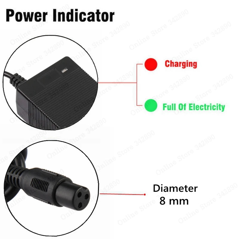 42V 1A Universal Battery Charger for 36V Li-ion Battery Pack with 3 Prong GX12 Connector