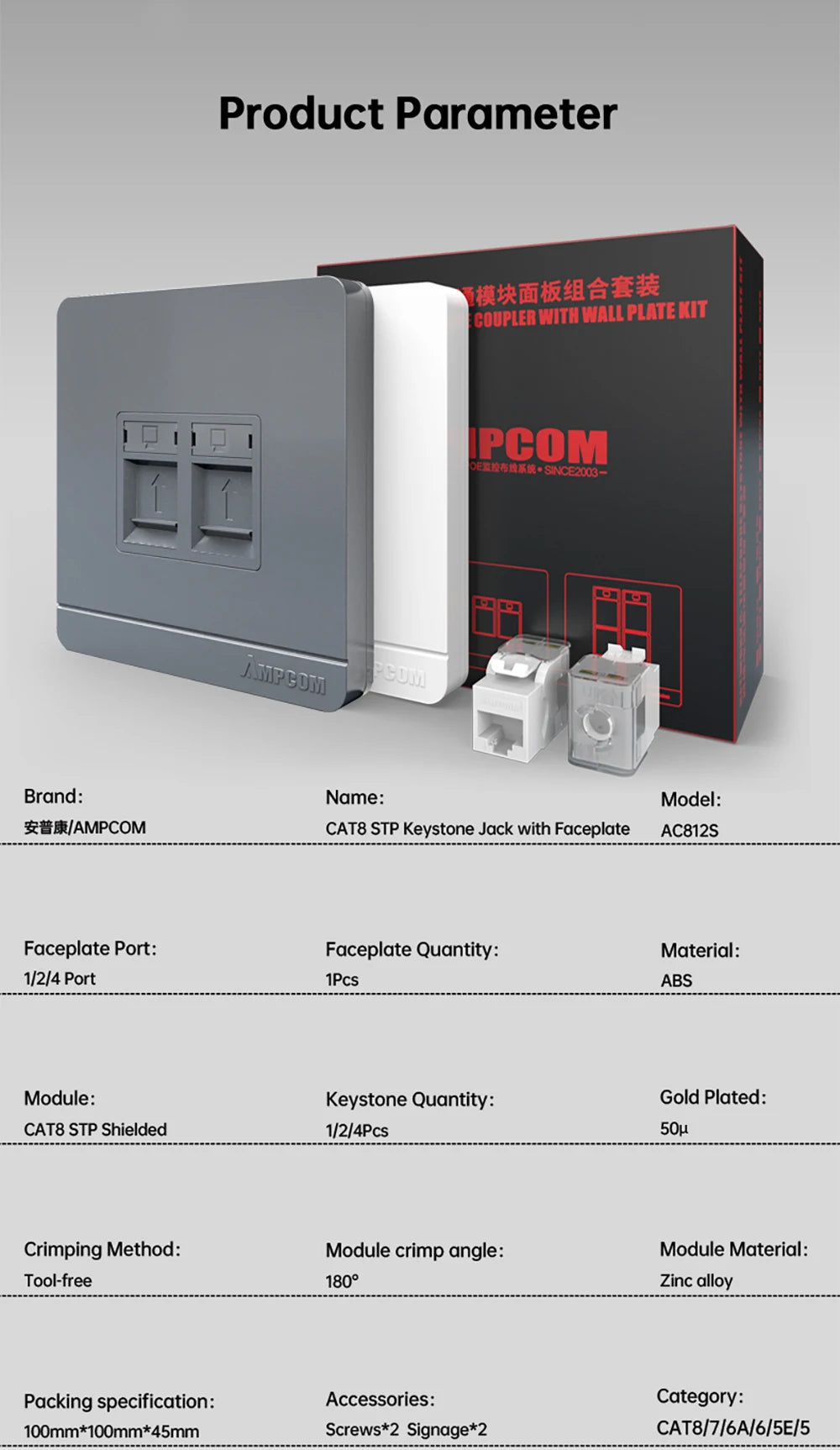 AMPCOM Wall Faceplate with CAT8 40Gbps STP Keystone Jack, RJ45 Self-Locking Zinc Alloy Module With 86mm Wall Plate