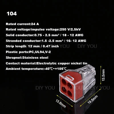 25/50/100PC DIY YOU 102/103D/104D/104/106/108 Universal Compact Wire Wiring Connector Conductor Terminal Block With Lever