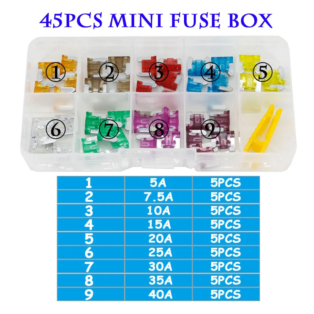 90/45PCS Car Fuse 5/7.5/10/15/20/25/30/35/40A Mini/Small/Medium 24V Automotive Blade Type Zinc Alloy Fuse with Box Clip