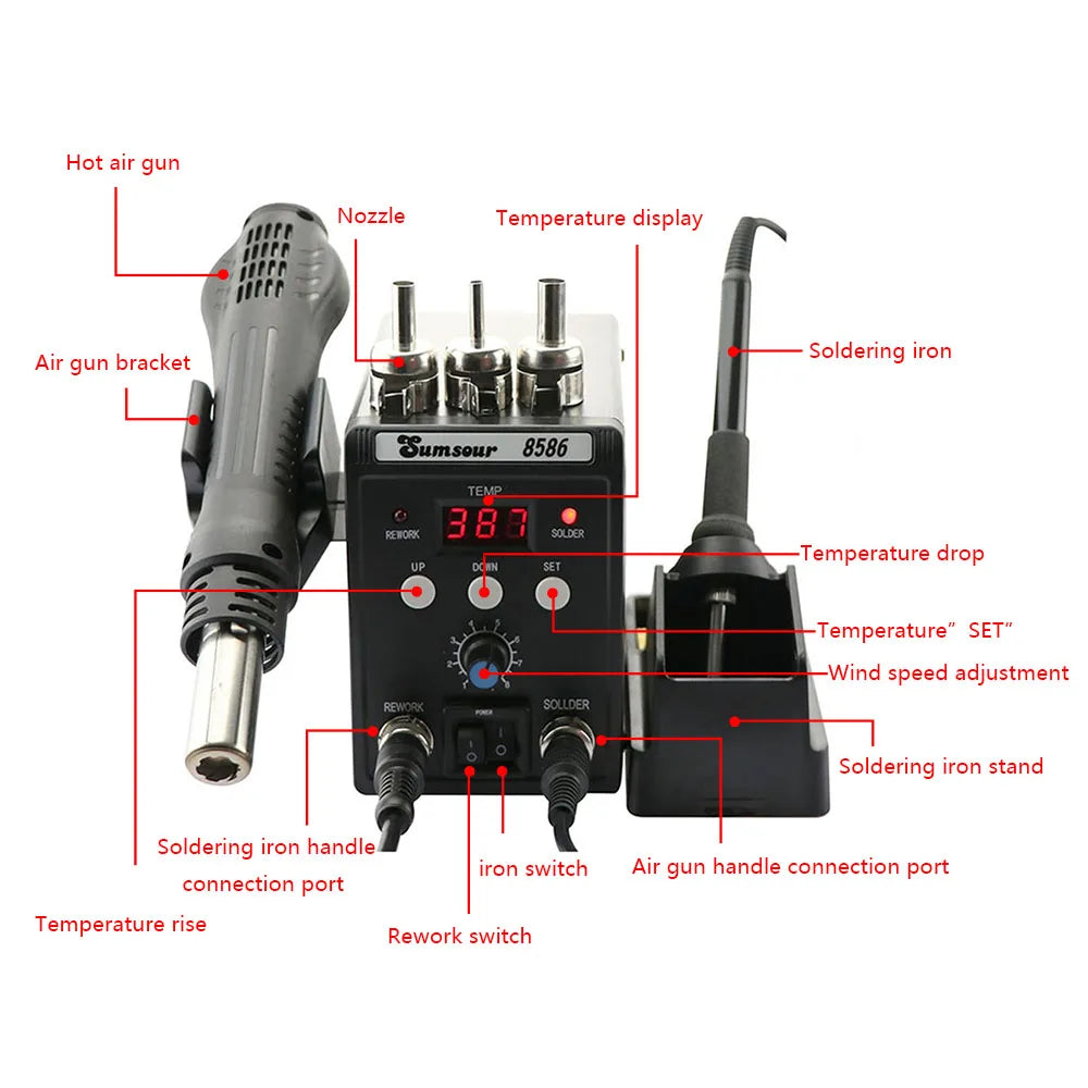 2 in 1 Soldering Station 8586  Digital Display SMD Rework Hot Air Gun Solder Iron 220V ESD Welding Desoldering Repair Tools