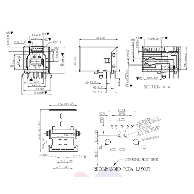 5pcs USB 3.0 Type B Female Plug jack Connector USB-B Right Angle AF Socket Printer Connector Terminal