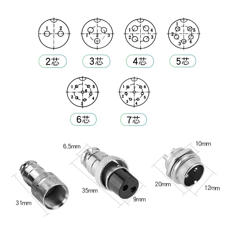 1Set GX12 Docking 2 3 4 5 6 7Pin Male& Female Circular Panel 12mm Metal Aviation Connector Butt Joint Aviation Plug Socket